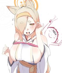 Rule 34 | 1boy, 1girl, doodle sensei (blue archive), blonde hair, blue archive, breasts, gimmogu, halo, headband, highres, japanese clothes, kaho (blue archive), kimono, large breasts, open mouth, sensei (blue archive), sideboob, yellow eyes