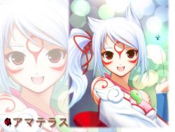 Rule 34 | amaterasu (ookami), animal ears, fang, happy, issun, japanese clothes, long hair, ookami (game), smile, tattoo, white hair, wolf, wolf ears