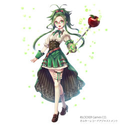 Rule 34 | :o, antenna hair, apple, apple hair ornament, asymmetrical legwear, belt, bow, brown footwear, copyright name, copyright request, food, food-themed hair ornament, fruit, full body, green eyes, green hair, green skirt, hair bow, hair ornament, hane segawa, high heels, highres, holding, holding sword, holding weapon, looking at viewer, official art, pink bow, rapier, skirt, socks, standing, sword, twintails, uneven legwear, weapon, white legwear