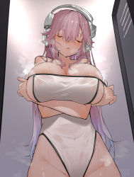 Rule 34 | 1girl, absurdres, bare shoulders, blush, breasts, cleavage, collarbone, closed eyes, groin, headphones, heavy breathing, highres, large breasts, mascot, nitroplus, one-piece swimsuit, pink hair, pulled by self, ringobatake, solo, steam, steaming body, strap pull, super sonico, sweat, swimsuit, undressing