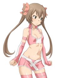 Rule 34 | 1girl, bare shoulders, blush, bow, breasts, brown eyes, brown hair, chousoku henkei gyrozetter, cleavage, clenched hand, crop top, detached sleeves, frown, hair bow, highres, long hair, looking away, midriff, miniskirt, navel, pink thighhighs, race queen, shiny skin, simple background, skindentation, skirt, sleeves past wrists, small breasts, solo, standing, sweatdrop, tenchisouha, thighhighs, tsukisato kirari, twintails, white background, zettai ryouiki