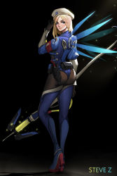 Rule 34 | 1girl, absurdres, alternate hairstyle, alternate wings, armband, artist name, ass, belt pouch, black gloves, blonde hair, blue eyes, blue wings, bodysuit, breasts, brown thighhighs, combat medic ziegler, cross print, emblem, eyes visible through hair, from behind, full body, gloves, glowing, glowing wings, hand up, hat, high heels, highres, holding, holding staff, holster, light particles, lips, logo, long sleeves, looking back, making-of available, medium breasts, mercy (overwatch), nose, official alternate costume, overwatch, overwatch 1, pantyhose, parted bangs, pink lips, pliers, pouch, short hair, smile, solo, spread wings, staff, standing, steve zheng, thighhighs, thong, uniform, vambraces, white hat, wings