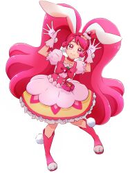 Rule 34 | 1girl, animal ears, bow, cake hair ornament, choker, cure whip, earrings, food-themed hair ornament, food-themed ornament, fpminnie1, frills, full body, gloves, hair ornament, highres, jewelry, kirakira precure a la mode, magical girl, paw shoes, pink bow, pink choker, pink corset, pink eyes, pink gloves, pink hair, pom pom (clothes), pom pom earrings, precure, puffy short sleeves, puffy sleeves, rabbit ears, rabbit girl, short sleeves, smile, solo, twintails, usami ichika, white background