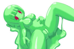 Rule 34 | breasts, green hair, monster girl, no nipples, no nose, pussy, red eyes, simple background, slime girl, spread legs, uncensored