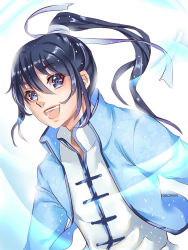 Rule 34 | 1boy, artist name, blue eyes, blue hair, chinese clothes, highres, male focus, open mouth, ponytail, rossomimi, simple background, solo, spiritpact, teeth, white background, yang jinghua