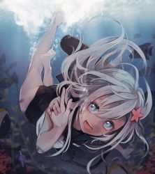1girl, air bubble, ass, bare arms, bare legs, bare shoulders, barefoot, blue eyes, bubble, commentary request, crop top, fish, flower, freediving, hair between eyes, hair flower, hair ornament, highres, kantai collection, long hair, looking at viewer, ocean, one-piece swimsuit, open mouth, ro-500 (kancolle), ruohire9, sailor collar, school swimsuit, school uniform, serafuku, smile, solo, submerged, swimming, swimsuit, swimsuit under clothes, tan, tanline, underwater, water, white hair