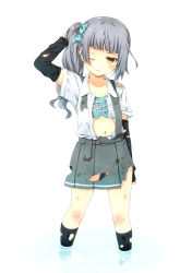 Rule 34 | 10s, 1girl, arm warmers, brown eyes, kantai collection, kasumi (kancolle), kouji (campus life), partially submerged, personification, school uniform, side ponytail, silver hair, skirt, solo, standing, suspenders, torn clothes, wading, white background