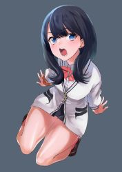 Rule 34 | 10s, 1girl, black hair, black skirt, blue eyes, blush, bow, breasts, grey background, gridman universe, highres, hotate-chan, legs, long hair, long sleeves, looking at viewer, open mouth, pleated skirt, red neckwear, school uniform, scrunchie, simple background, skirt, small breasts, solo, ssss.gridman, sweater, takarada rikka, thighs, white sweater, wrist scrunchie