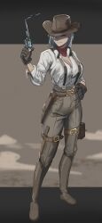 Rule 34 | 1girl, absurdres, belt, boots, border, breasts, brown background, brown belt, brown hat, brown pants, cleavage, closed eyes, closed mouth, cowboy, cowboy boots, cowboy hat, cowboy western, cowgirl (western), full body, gloves, gun, handgun, hat, highres, holster, knife, large breasts, long sleeves, original, pants, revolver, sheath, sheathed, shirt, solo, soolee040995, suspenders, weapon, western, white shirt