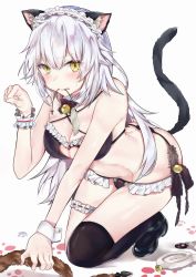 Rule 34 | 1girl, ahoge, all fours, animal ears, blush, bra, breasts, cat ears, cat lingerie, cat tail, cleavage, cleavage cutout, clothing cutout, embarrassed, fate/grand order, fate (series), fur trim, highres, jeanne d&#039;arc (fate), jeanne d&#039;arc alter (avenger) (fate), jeanne d&#039;arc alter (fate), long hair, looking at viewer, maid headdress, medium breasts, meme attire, nana kagura, panties, solo, tail, thighhighs, underwear, white hair, yellow eyes