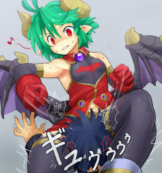 Rule 34 | 1girl, anshinmama, elbow gloves, gloves, green hair, horns, in the face, low wings, navel, red eyes, sum, thighhighs, wings