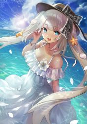 Rule 34 | 1girl, blue eyes, breasts, cleavage, dress, fate/grand order, fate (series), hat, highres, lens flare, long hair, marie antoinette (fate), marie antoinette (swimsuit caster) (second ascension) (fate), ocean, open mouth, seashell, shell, silver hair, smile, solo, starfish, sun, terai (teraimorimori), twintails, white dress