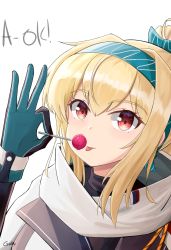 Rule 34 | 1girl, blonde hair, bow, candy, food, gamryous, girls&#039; frontline, gloves, green bow, green headwear, hair bow, hair ribbon, highres, lollipop, looking at viewer, multicolored clothes, multicolored gloves, ok sign, red eyes, ribbon, russian flag, scarf, smile, solo, sv-98 (girls&#039; frontline), sv-98 (mod3) (girls&#039; frontline), tongue, turtleneck, white scarf