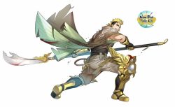 Rule 34 | 1boy, ass, bara, blonde hair, brown cape, brown hair, cape, clothing cutout, fighting stance, full body, holding, holding spear, holding weapon, kienbiu, male focus, medium hair, mohawk, multicolored hair, muscular, nambinhthankhi, official art, over shoulder, polearm, sideburns, solo, spear, thigh cutout, two-tone hair, vambraces, weapon, weapon over shoulder, wide sleeves