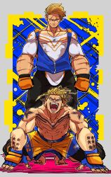Rule 34 | 2boys, absurdres, age comparison, arm tattoo, barefoot, blonde hair, braces, caxqov, chest tattoo, clenched hands, closed mouth, collarbone, dual persona, gloves, highres, jewelry, luke sullivan, multiple boys, necklace, orange gloves, orange shorts, pectoral cleavage, pectorals, scar, scar on arm, scar on face, shirt, shorts, shoulder tattoo, smile, standing, star tattoo, street fighter, street fighter 6, street fighter v, tattoo, white shirt, zipper pull tab
