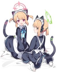 Rule 34 | 2girls, animal ear headphones, animal ears, apron, black dress, blonde hair, blue archive, blush, cat ear headphones, dress, fake animal ears, frilled dress, frills, green eyes, halo, headphones, highres, long sleeves, looking at viewer, maid headdress, midori (blue archive), midori (maid) (blue archive), momoi (blue archive), momoi (maid) (blue archive), multiple girls, open mouth, pantyhose, pink eyes, ponytail, siblings, simple background, sisters, sitting, tail, two side up, white apron, white background, white pantyhose, you guo chaocai