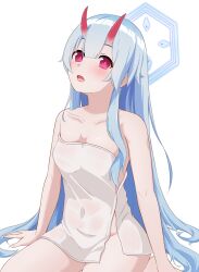Rule 34 | 1girl, alternate costume, blue archive, blue hair, braid, breasts, chise (blue archive), chise (swimsuit) (blue archive), flower, hair between eyes, hair flower, hair ornament, halo, highres, horns, long hair, looking at viewer, low twin braids, oni horns, see-through, solo, swimsuit, towel, twin braids, user frcm8858