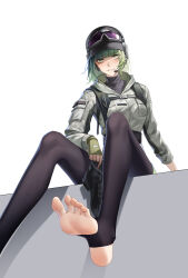 Rule 34 | 1girl, absurdres, arknights, barefoot, ela (arknights), feet, fingerless gloves, gloves, goggles, green eyes, green hair, highres, light blush, looking at viewer, medium hair, parted lips, shoes, single shoe, soles, stirrup legwear, tactical clothes, toeless legwear, toes, unworn shoes, zhenpiaoliang