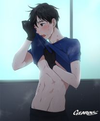 Rule 34 | 1boy, artist name, black gloves, black hair, blush, brown eyes, clothes lift, gearous, gloves, groin, katsuki yuuri, lifting own clothes, male focus, one eye closed, open mouth, shirt lift, solo, sweat, toned, toned male, yuri!!! on ice