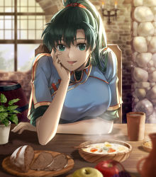 Rule 34 | 1girl, apple, barrel, bread, breasts, corn, cup, delsaber, earrings, eyebrows hidden by hair, fire emblem, fire emblem: the blazing blade, food, fruit, hand on own cheek, hand on own face, jewelry, looking at viewer, lyn (fire emblem), medium breasts, nintendo, open mouth, plant, ponytail, pov dating, sitting, smile, solo, soup