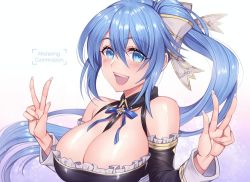 Rule 34 | 1girl, bare shoulders, blue eyes, blue hair, blush, breasts, cleavage, commission, double v, hair between eyes, large breasts, long hair, looking at viewer, mijajure, open mouth, original, ponytail, sidelocks, smile, solo, swept bangs, teeth, upper teeth only, v, very long hair
