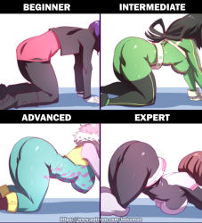 Rule 34 | 4girls, all fours, arched back, ashido mina, ass, ass focus, asui tsuyu, bad id, bad twitter id, beginner intermediate advanced expert (meme), bent over, black hair, black pants, bodysuit, boku no hero academia, bokuman, boots, breast press, breasts, brown hair, colored skin, comparison, covered erect nipples, english text, flat ass, from side, fur trim, gloves, green hair, head out of frame, impossible bodysuit, impossible clothes, jacket, jirou kyouka, large breasts, long hair, long sleeves, medium breasts, medium hair, meme, multiple girls, pants, pink hair, pink shirt, pink skin, purple hair, shirt, short hair, thick thighs, thighs, top-down bottom-up, uraraka ochako, vest, watermark, web address