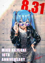 Rule 34 | 00s, 1girl, 2017, adjusting eyewear, against wall, anniversary, ao fujimori, black pantyhose, blue eyes, blue hair, blue nails, bracelet, choker, collarbone, commentary request, concrete, cowboy shot, dated, dress, glitter, grey-framed eyewear, hatsune miku, highres, jacket, jewelry, leaning forward, leather, leather jacket, lipstick, long hair, looking at viewer, looking over eyewear, makeup, nail polish, pantyhose, pendant, pin, short dress, signature, silver dress, solo, sunglasses, twintails, vocaloid