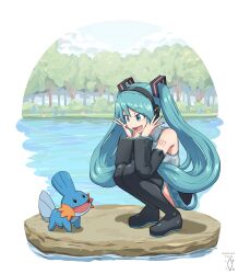 Rule 34 | 1girl, aqua eyes, aqua hair, aqua nails, artist name, boots, bush, commentary, creatures (company), crossover, dated, detached sleeves, digiral, game freak, gen 3 pokemon, hatsune miku, headphones, highres, long hair, looking at another, mudkip, nintendo, open mouth, pokemon, pokemon (creature), signature, squatting, thigh boots, tree, twintails, vocaloid