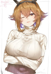 Rule 34 | 10s, 1girl, blush, breast hold, breasts, brown hair, crossed arms, green eyes, headgear, isshiki (ffmania7), kantai collection, large breasts, looking at viewer, mutsu (kancolle), one eye closed, open mouth, ribbed sweater, short hair, signature, simple background, smile, solo, sweater, turtleneck, turtleneck sweater, twitter username