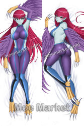 Rule 34 | 1girl, armpits, arms up, blue feathers, blue skin, colored skin, dakimakura (medium), duel monster, elbow gloves, feathered wings, feathers, gloves, green eyes, harpie lady, harpy, long hair, looking at viewer, monster girl, pointy ears, profile, red hair, solo, talons, watermark, winged arms, wings, yu-gi-oh!, yuj (moemarket)