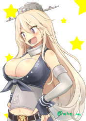 Rule 34 | + +, 10s, 1girl, ahenn, bare shoulders, belt, blonde hair, blush, breasts, cleavage, elbow gloves, fingerless gloves, gloves, hair between eyes, hands on own hips, highres, iowa (kancolle), kantai collection, large breasts, long hair, midriff, miniskirt, navel, open mouth, purple eyes, skirt, smile, solo, standing, star-shaped pupils, star (symbol), symbol-shaped pupils, twitter username