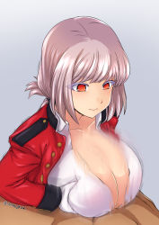 Rule 34 | 1boy, 1girl, braid, breasts, breasts squeezed together, buttons, censored, cleavage, collarbone, dress shirt, eyelashes, fate/grand order, fate (series), florence nightingale (fate), folded ponytail, grey background, hetero, highres, isemagu, jacket, large breasts, military jacket, mosaic censoring, motion blur, orange eyes, paizuri, penis, pink hair, red jacket, shirt, signature, simple background, swept bangs