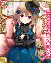 Rule 34 | 1girl, black hat, blue bow, blue dress, blush, bow, brown hair, character name, closed mouth, dress, girlfriend (kari), gothic lolita, hair ornament, hat, indoors, kazemachi haruka, lolita fashion, looking at viewer, official art, pink eyes, qp:flapper, short hair, sitting, smile, solo, stuffed animal, stuffed toy, tagme, teddy bear