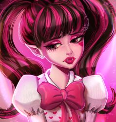 Rule 34 | 1girl, absurdres, black hair, bow, draculaura, fangs, highres, kimylist, looking down, looking to the side, monster high, multicolored hair, pink bow, pink hair, pointy ears, portrait, shirt, solo, twintails, two-tone hair, white shirt