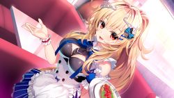 Rule 34 | 1girl, apron, blonde hair, blush, breasts, cleavage, cleavage cutout, clothing cutout, female focus, food, frilled apron, frills, from above, game cg, hair ribbon, high ponytail, holding, holding tray, indoors, large breasts, legs, long hair, looking at viewer, open mouth, original, pero, re:d cherish, red eyes, restaurant, ribbon, rouge wentworth, skirt, solo, standing, table, thighs, tray, waitress, wrist cuffs