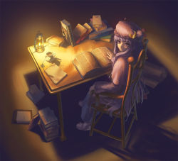 Rule 34 | 1girl, alchemy, book, bookend, chair, crescent, crescent moon, cuboon, cup, dress, female focus, full body, hat, indoors, lamp, long hair, looking back, moon, mug, notebook, open book, patchouli knowledge, purple eyes, purple hair, reading, ribbon, sitting, solo, spoon, table, text focus, touhou