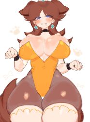 Rule 34 | 1girl, alternate breast size, animal ears, armlet, blue eyes, blush, bone, breasts, brown hair, choker, cleavage, crown, curvy, dog, dog ears, dog girl, dog tail, earrings, flower, highres, huge breasts, inner sideboob, jewelry, leotard, long hair, looking at viewer, mario (series), nintendo, playboy bunny, princess daisy, skin tight, solo, super mario land, tail, thick thighs, thighhighs, thighs, usa37107692, wide hips