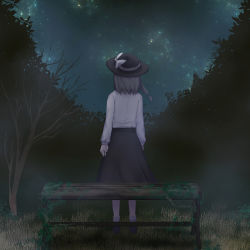 Rule 34 | 1girl, bare tree, black footwear, black hair, black hat, black skirt, bow, commentary request, fedora, forest, from behind, full body, grass, hat, hat bow, long sleeves, monrooru, nature, night, night sky, shirt, shoes, short hair, single sidelock, skirt, sky, socks, solo, standing, star (sky), starry sky, touhou, tree, usami renko, white bow, white shirt, white socks