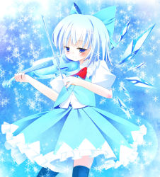 Rule 34 | 1girl, blue eyes, blue hair, blue theme, blue thighhighs, bow, bow (music), bowtie, cirno, female focus, gradient background, hair bow, highres, ice, ice wings, instrument, light smile, matching hair/eyes, short hair, skirt, smile, snowflakes, solo, thighhighs, touhou, vest, violin, wings, zefa (neoaltemice)