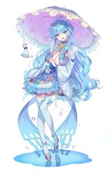 Rule 34 | 1girl, amenohi shizuku, blue eyes, blue hair, breasts, cleavage, dress, floating, frills, full body, highres, holding, holding umbrella, indie virtual youtuber, large breasts, long hair, looking at viewer, maid headdress, open mouth, second-party source, shoes, shuri (84k), simple background, solo, teruterubouzu, thighhighs, umbrella, virtual youtuber, water drop, white background