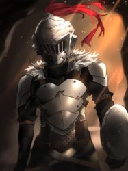 Rule 34 | 10s, 1boy, arm belt, armor, arms at sides, blurry, blurry background, breastplate, cave, chainmail, full armor, goblin slayer, goblin slayer!, helmet, male focus, pauldrons, sendo (sendrawz), shield, shoulder armor, solo, standing, wind