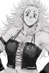 1girl bra breasts dorohedoro greyscale highres large_breasts long_hair looking_at_viewer maruiinu07 monochrome noi_(dorohedoro) simple_background smile solo underwear upper_body white_background