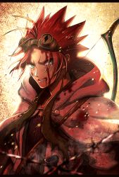 Rule 34 | 1boy, akaboshi bisco, blood, blood on face, blurry, blurry foreground, bow (weapon), goggles, goggles on head, hood, hood down, hooded robe, kouji., looking at viewer, male focus, red hair, robe, sabikui bisco, solo, spiked hair, upper body, weapon