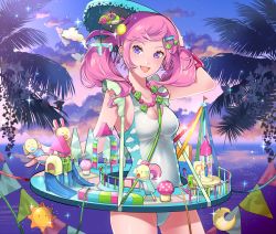 Rule 34 | 1girl, blush, breasts, cleavage, hair ornament, highres, jewelry, looking at viewer, medium breasts, necklace, ochiai maharu, open mouth, original, palm tree, pink hair, purple eyes, short hair, short twintails, smile, solo, standing, tree, twintails