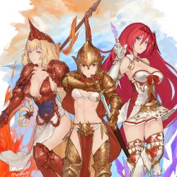 Rule 34 | 3girls, armor, armored boots, athena (granblue fantasy), bare shoulders, blonde hair, blue eyes, boots, braid, breasts, brown eyes, cape, cleavage, collarbone, commentary request, dated, djeeta (granblue fantasy), drawing sword, fire, gauntlets, godsworn alexiel, granblue fantasy, hair between eyes, hair ornament, helmet, highres, holding, holding sword, holding weapon, large breasts, long hair, looking at viewer, medium breasts, multiple girls, n9+, navel, pelvic curtain, polearm, purple eyes, red hair, sheath, signature, skirt, spartan (granblue fantasy), spear, sword, thighhighs, twin braids, twitter username, underboob, very long hair, weapon