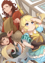Rule 34 | animal ears, arm up, bag, baguette, bare shoulders, belt, belt buckle, blonde hair, blue dress, blue gloves, blush, bread, brown belt, brown eyes, brown hair, brown headwear, buckle, building, cabbie hat, character request, charlotta (granblue fantasy), closed mouth, crown, day, dress, dutch angle, elbow gloves, erune, food, gloves, granblue fantasy, grey shirt, grocery bag, hand on own hip, harvin, hat, holding, holding bag, long hair, long sleeves, mini crown, o (rakkasei), outdoors, paper bag, pleated dress, puffy short sleeves, puffy sleeves, red shirt, shirt, shopping bag, short sleeves, smile, very long hair, window