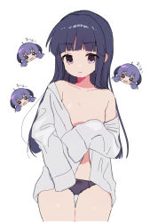 Rule 34 | 1girl, :|, bare legs, bare shoulders, bow, bow panties, breasts, chibi, chibi inset, closed mouth, clothes down, cowboy shot, embarrassed, expressionless, expressions, furude rika, hair down, highres, higurashi no naku koro ni, leaning to the side, long hair, long sleeves, looking at viewer, loose clothes, loose shirt, napenasupe, navel, no bra, no pants, open clothes, open shirt, pale skin, panties, purple eyes, purple hair, purple panties, shirt, simple background, small breasts, solo, standing, stomach, underwear, white shirt