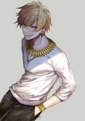 Rule 34 | 1boy, absurdres, bishounen, blonde hair, bracelet, brown pants, fate/stay night, fate (series), gilgamesh (fate), grey background, grin, hair between eyes, hand in pocket, highres, jewelry, male focus, necklace, official alternate costume, pants, red eyes, shirt, short hair, signature, smile, solo, tarao (13raven), white shirt