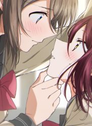 Rule 34 | 2girls, absurdres, blue eyes, eye contact, from side, grabbing another&#039;s chin, green eyes, hand on another&#039;s chin, highres, imminent kiss, looking at another, love live!, love live! sunshine!!, multiple girls, red hair, sakurauchi riko, school uniform, sweatdrop, uranohoshi school uniform, watanabe you, yuchi (salmon-1000), yuri