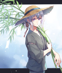 Rule 34 | 10s, 1boy, absurdres, akn92, alternate hairstyle, bamboo, blue background, cowboy shot, from side, hat, highres, honebami toushirou, japanese clothes, letterboxed, male focus, outside border, parted lips, ponytail, purple eyes, star (symbol), straw hat, tanabata, tanzaku, touken ranbu, white hair